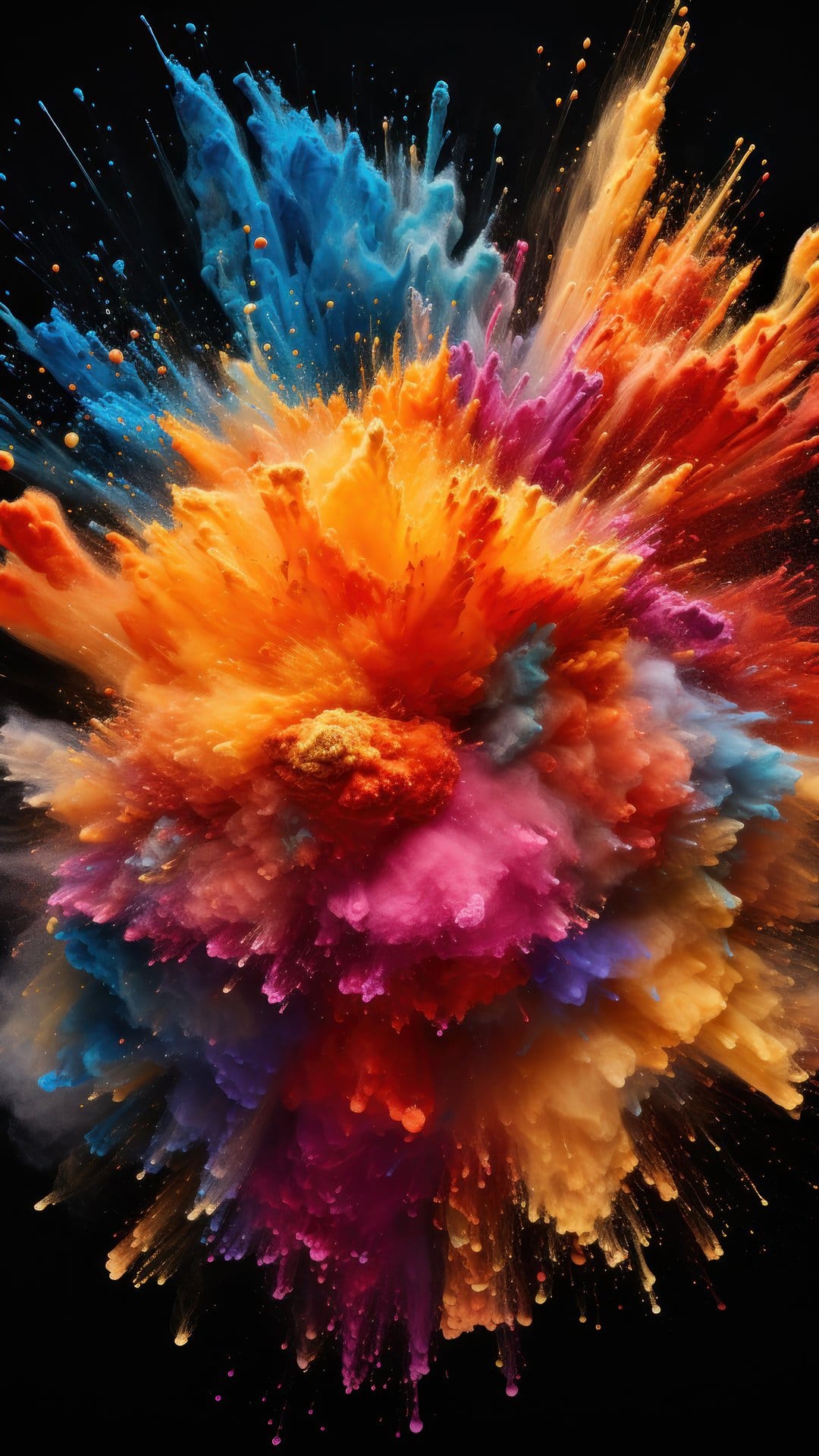 Vibrant pink, blue, and orange powder particles erupting from a central point against a solid black background.