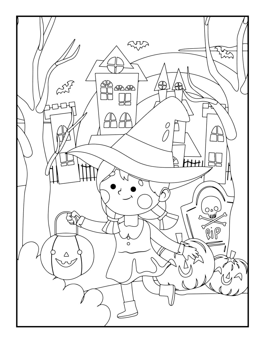 Halloween coloring page featuring a young witch girl holding a candy bucket near pumpkins and a haunted house.