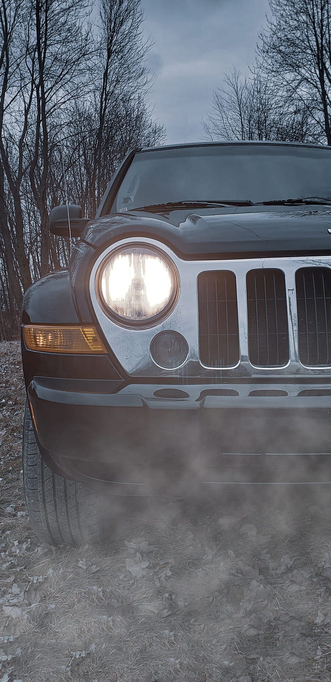 Jeep Liberty headlight illuminates thick ground smoke in a dark forest with bare trees under a cloudy sky.