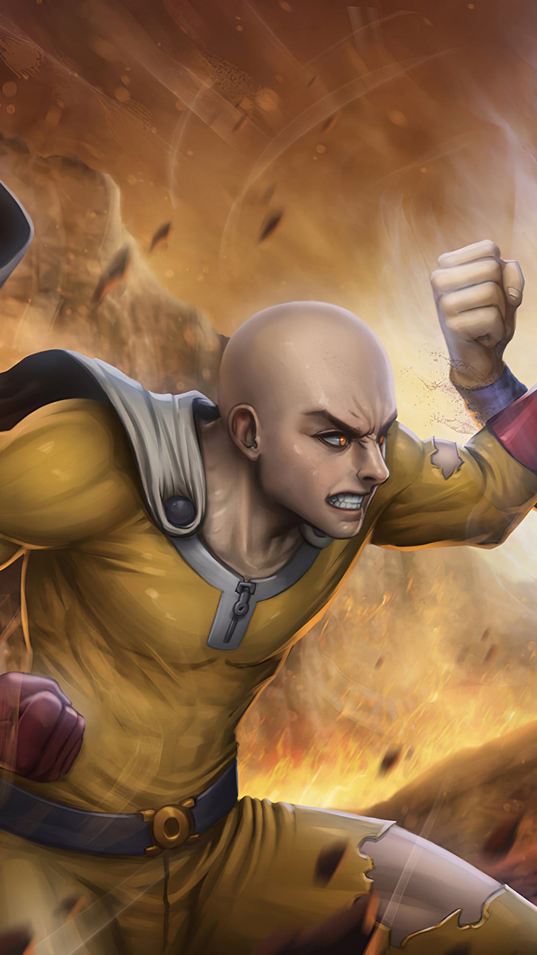 Saitama in a yellow suit charges forward through exploding dust and debris with glowing eyes and a clenched fist.