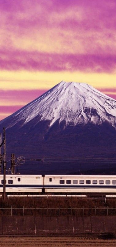 Mount Fuji, Japan, nature, landscape, peaceful, serene, tranquil, beautiful, outdoor, train, Shinkansen, snow, iconic, sky, clouds, vibrant, pink, orange, modern, speed, serene scene