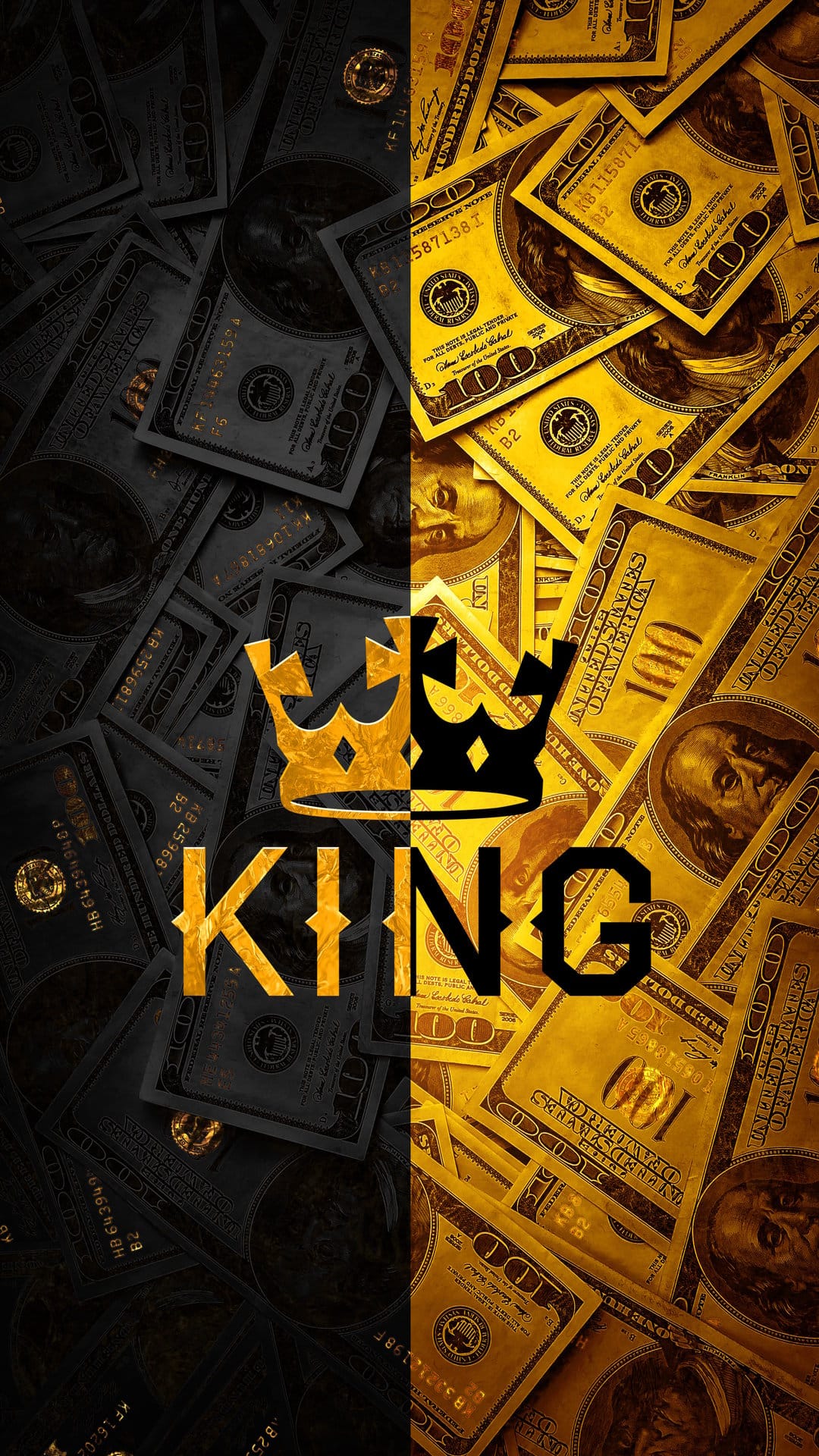 Golden crown above the word KING layered over a split background of dark and gold US one hundred dollar bills.