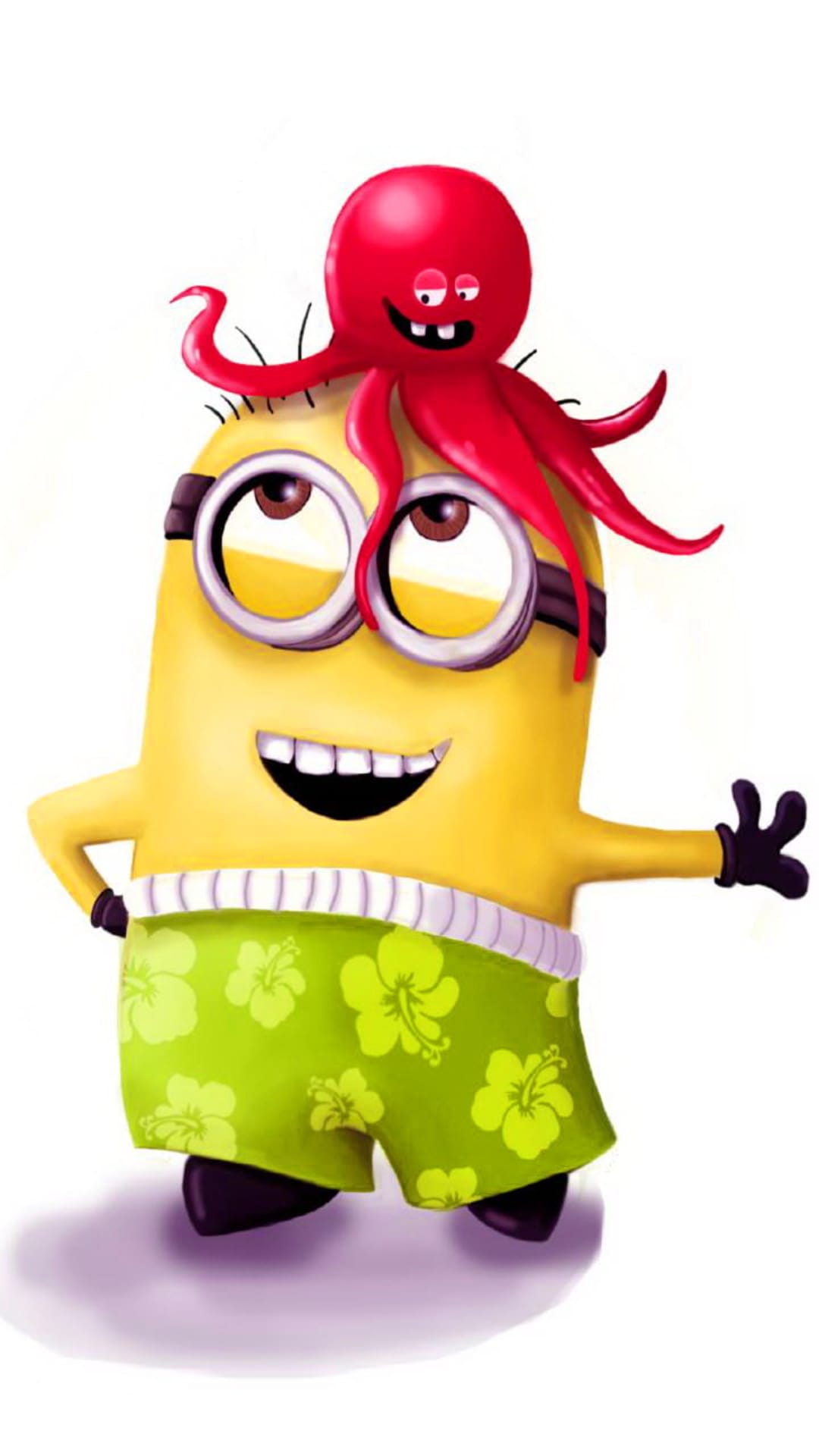 Yellow minion with a red octopus on its head and green hibiscus shorts poses against a plain white background.