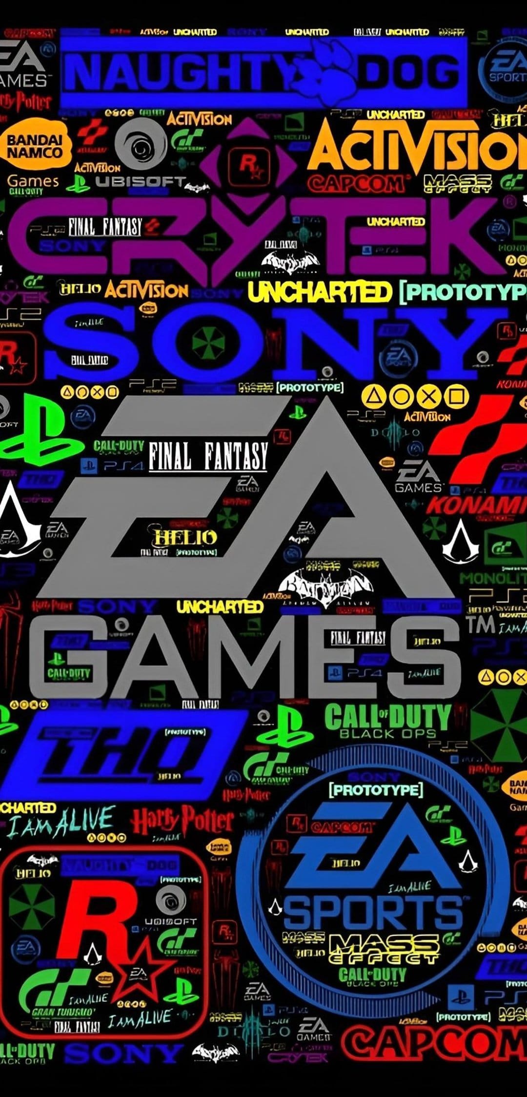Gaming logos for Sony, EA, and Activision form a vibrant vertical collage for mobile and tablet displays.