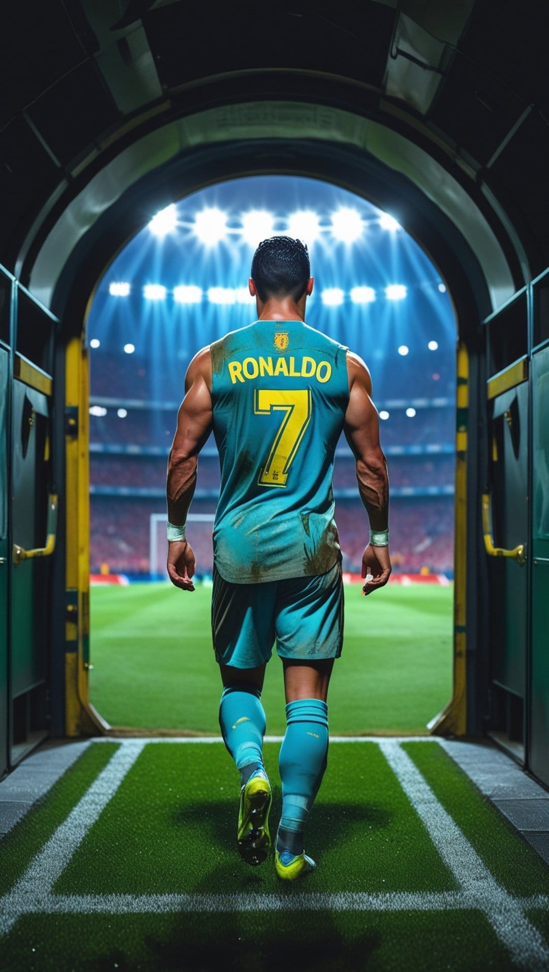 Cristiano Ronaldo in a blue and yellow number 7 jersey walks through a stadium tunnel toward a bright green pitch.
