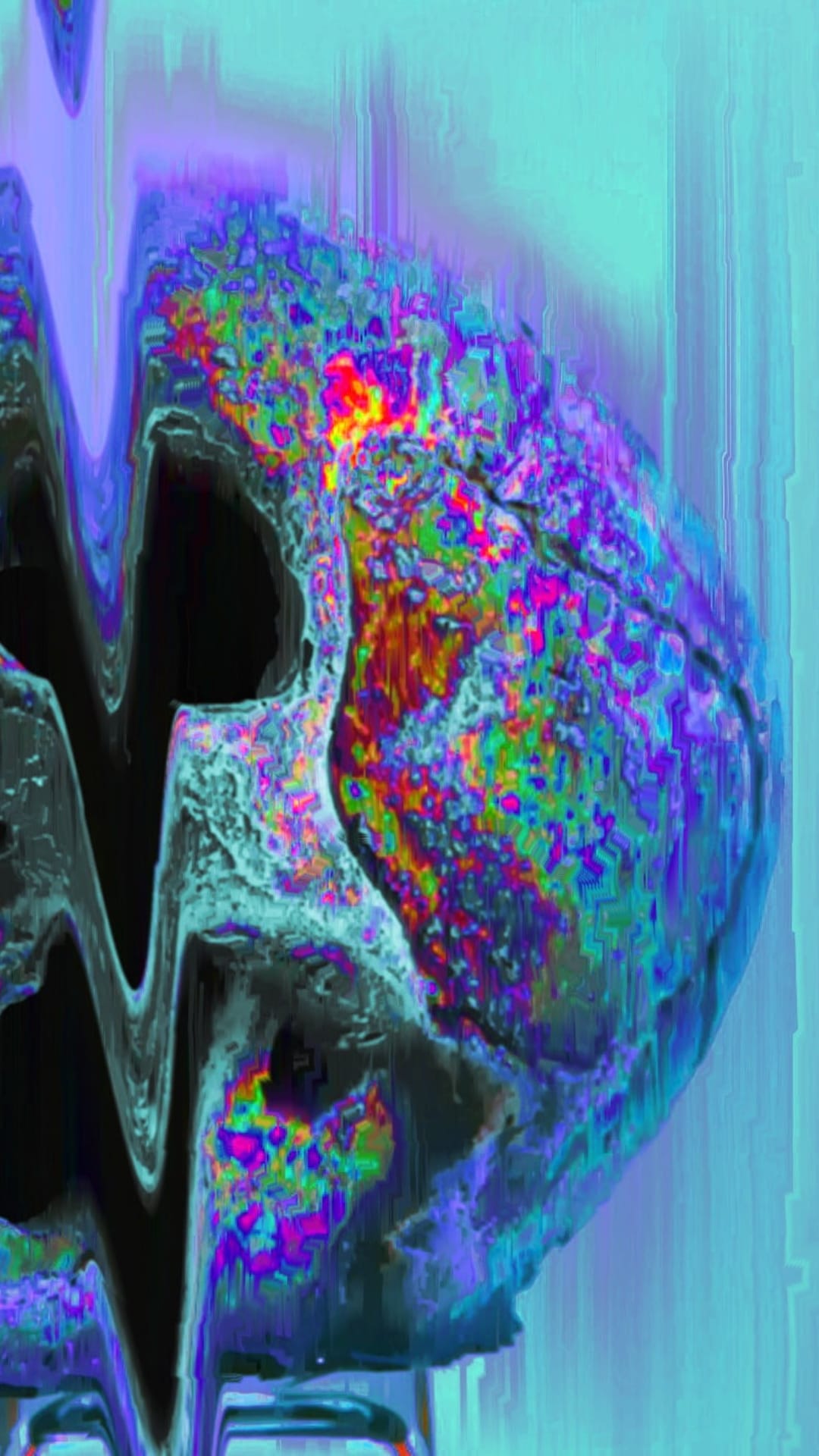 Skull with fragmented jaw and glowing neon blue eye sockets amidst streaks of pink and purple digital light.