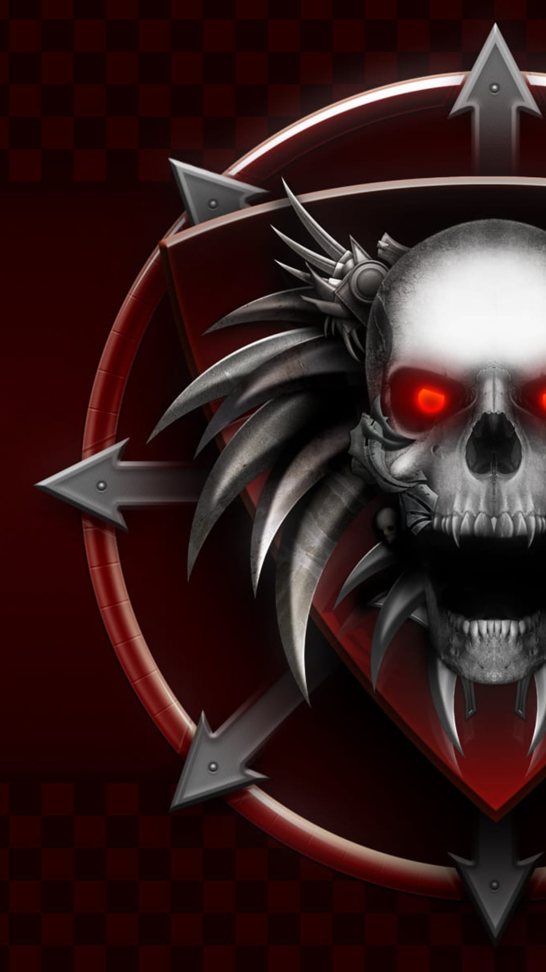 Metallic skull with glowing red eyes centered in a red chaos star against a dark checkered backdrop.