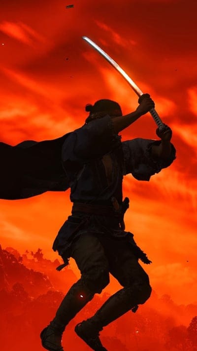 Samurai Warrior, Ghost of Tsushima, Dynamic Pose, Katana, Fiery Sky, Silhouette Art, Action Shot, Japanese Culture, Gaming Fan Art, Epic Scene, Martial Arts, Sword Fighting, Intense Lighting, Digital Painting, Historical Fantasy, Flying Character, Rugged Landscape, Character Art, Heroic Figure, Warrior's Stance