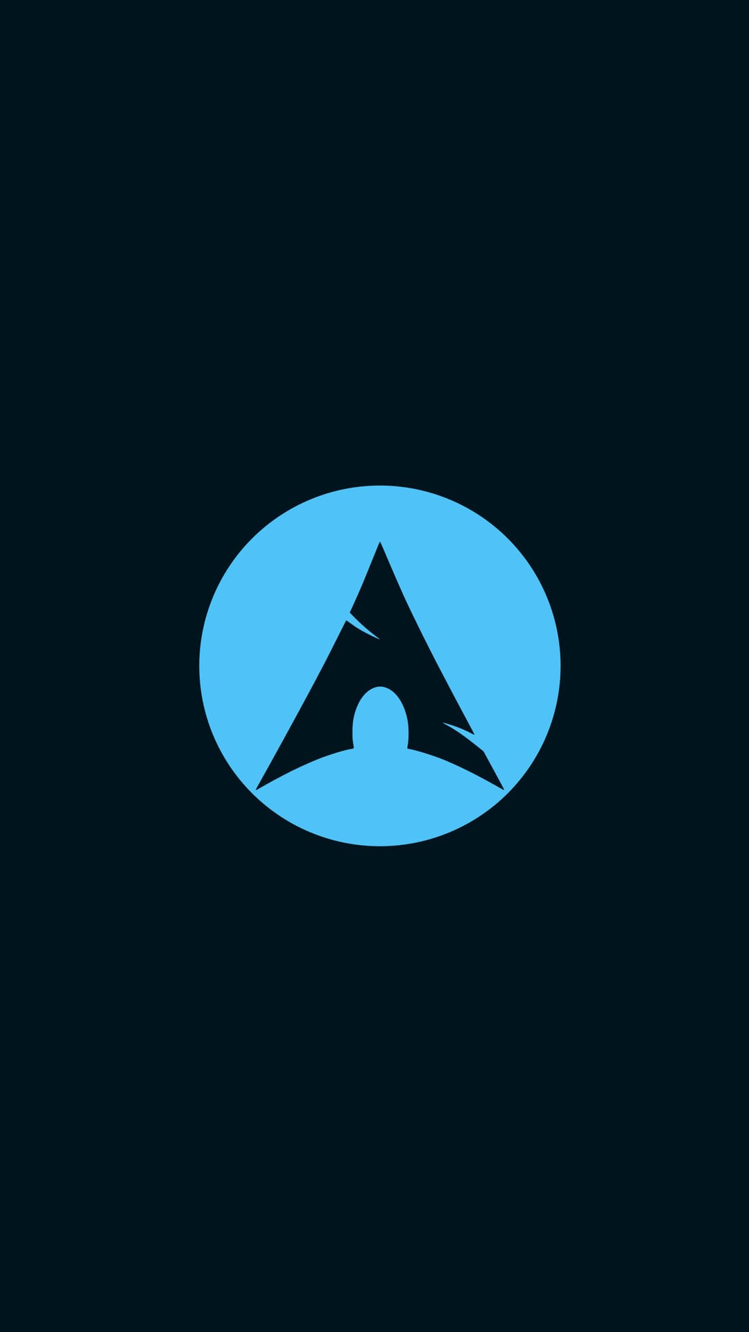 Arch Linux logo with a sharp peak and curved base centered on a smooth dark blue background in portrait mode.