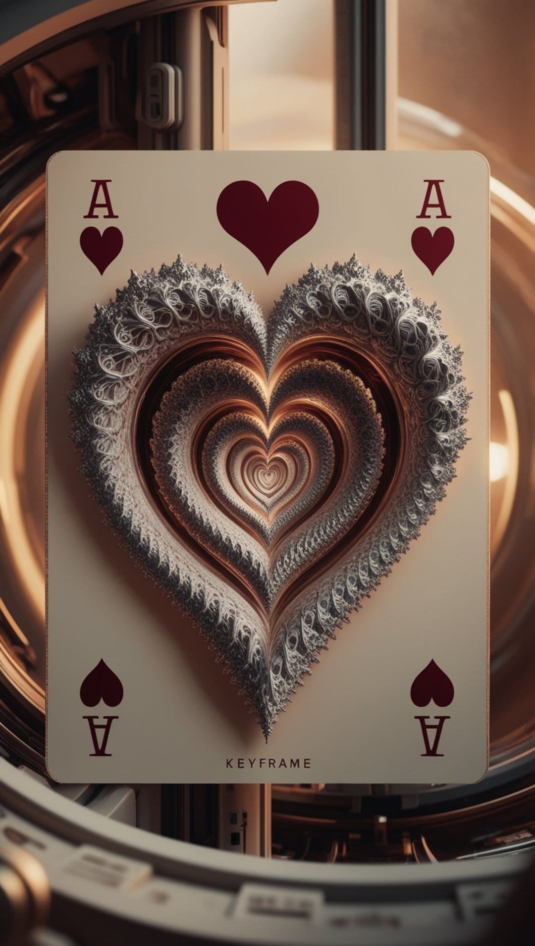 Ace of Hearts playing card with a crystalline fractal heart and glowing core against a blurred metallic backdrop.