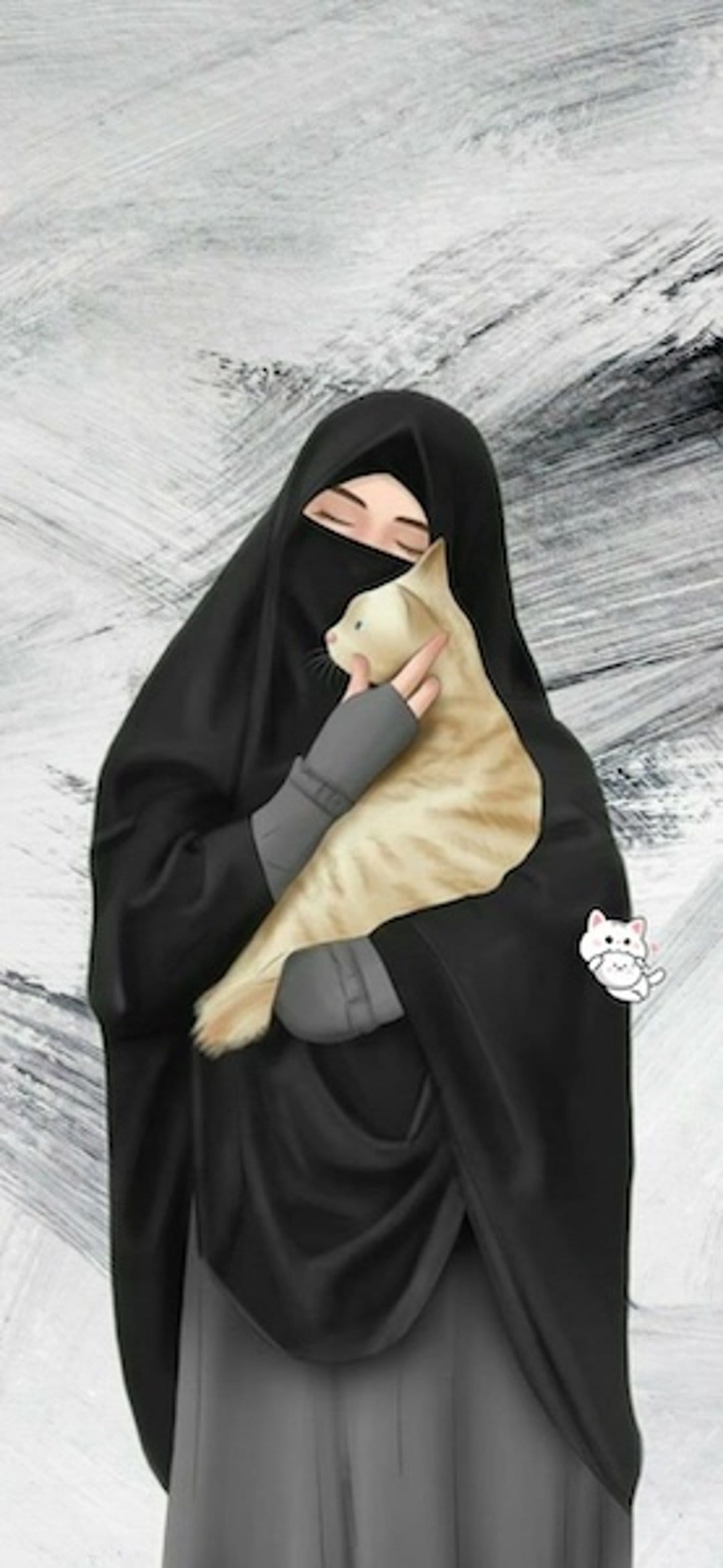 Woman in a black niqab holds a sleeping orange tabby cat against a textured black and white abstract background.