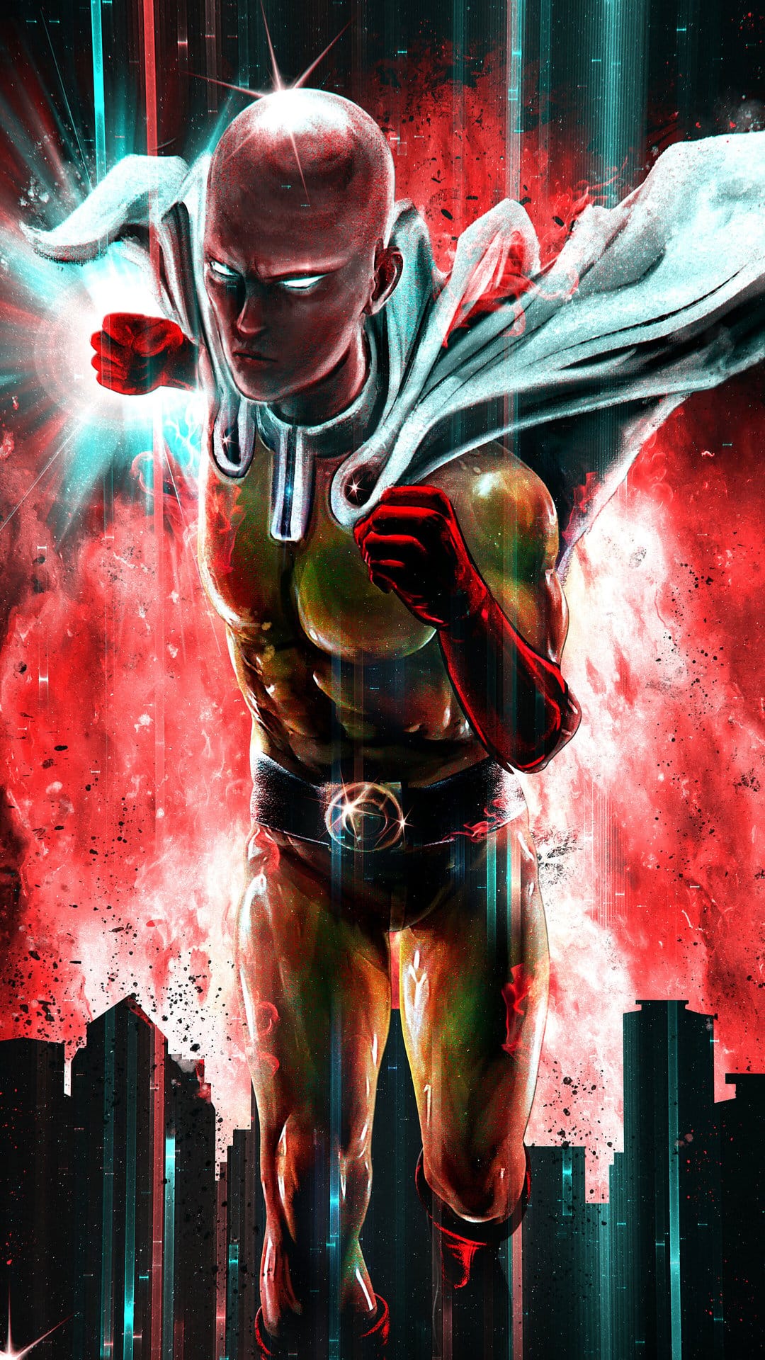 Saitama with glowing white eyes hovers amid red and blue energy bursts above a dark metropolitan city skyline.