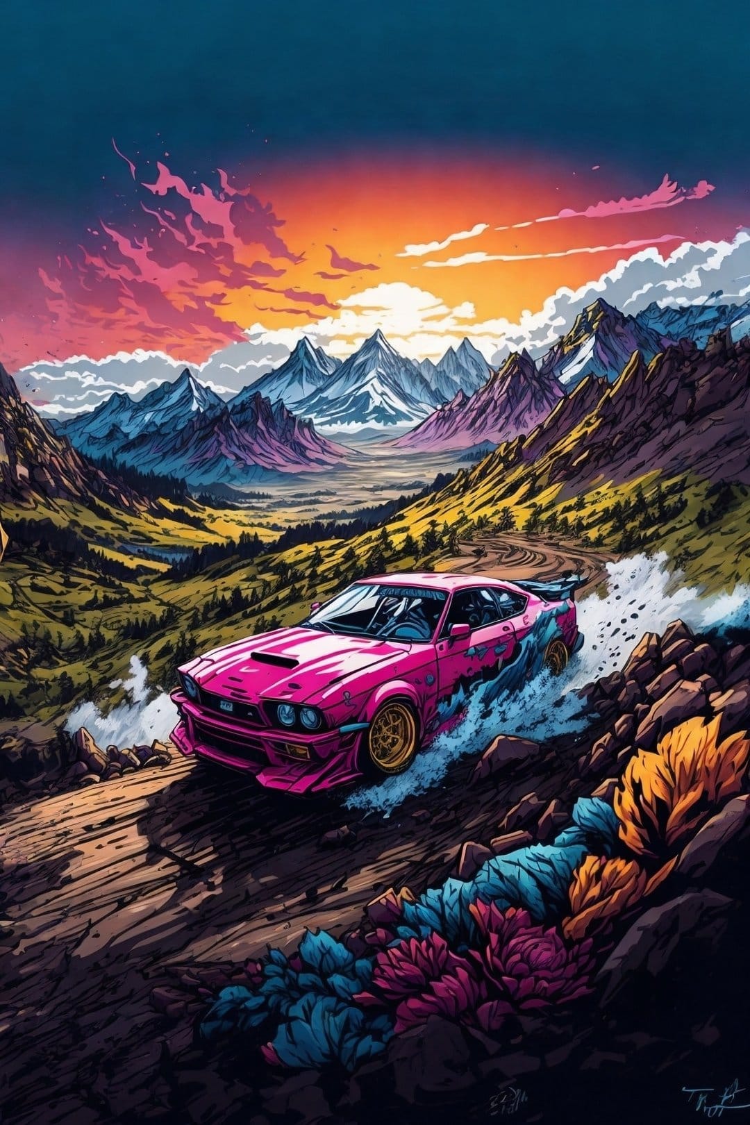 Hot pink sports car drifting on a winding mountain road during a vibrant orange and purple sunset landscape.