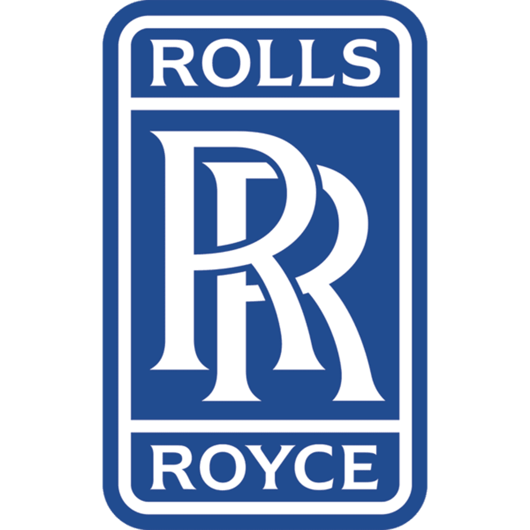 Rolls Royce logo in blue shows two silver R letters overlapping inside a rectangular border on transparent background.
