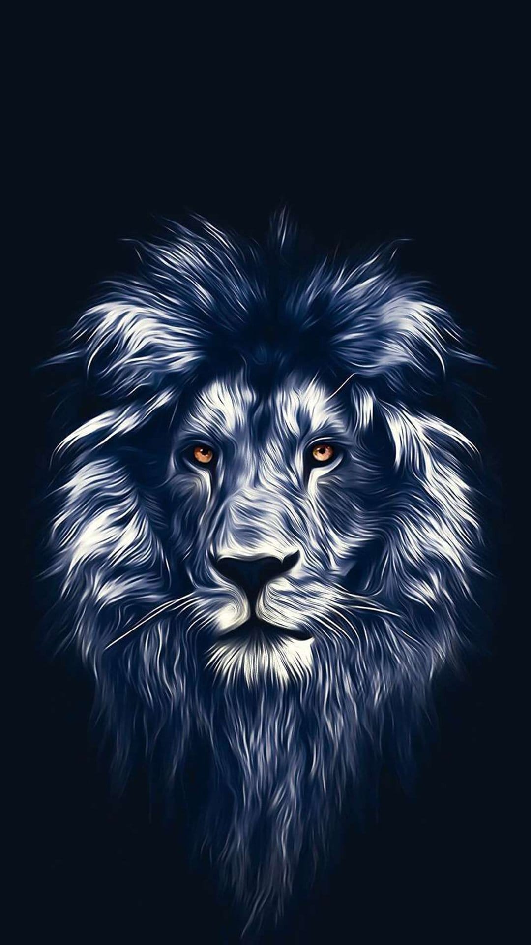 Lion with navy blue fur and glowing orange eyes gazes forward from a deep black, atmospheric background.