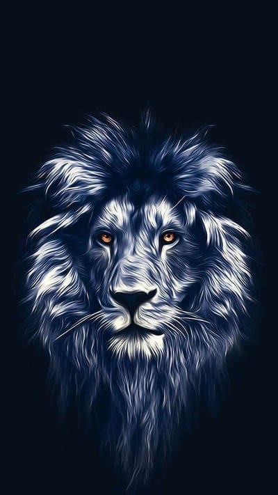 Wildlife art, big cat, lion, digital painting, majestic, animal portrait, dark background, intense eyes, wild animal, feline, artistic rendering, strength, nature, powerful, blue and white, king of the jungle, untamed, captivating, vibrant, intricate details