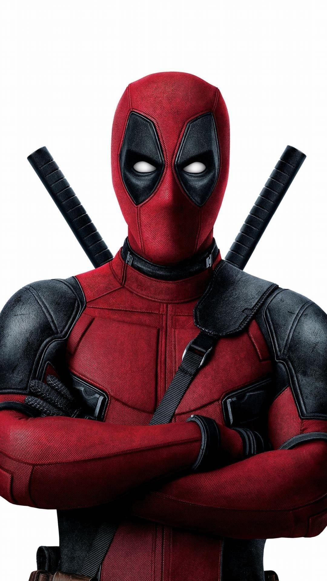 Deadpool in a red tactical suit with crossed arms and katana swords positioned against a plain white background.