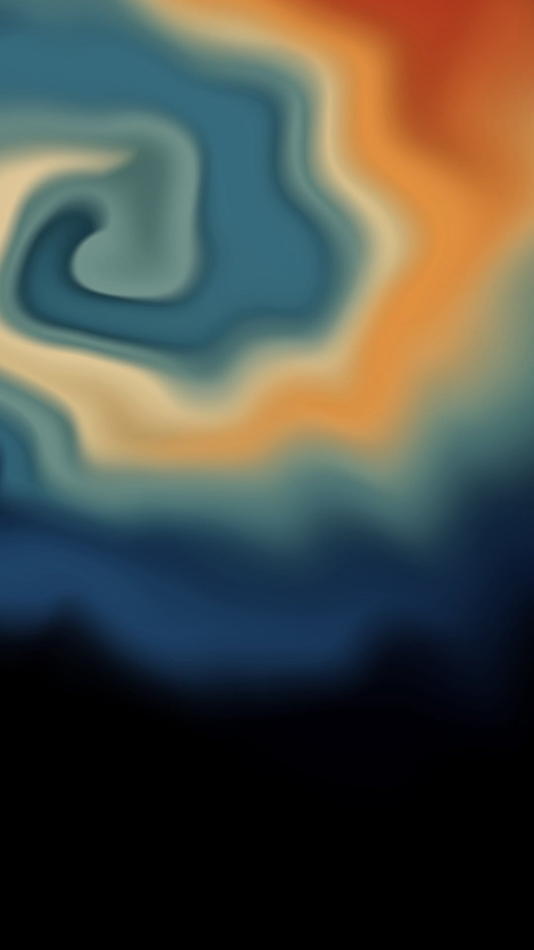 Swirling blue and orange fluid patterns blend into a black base with smooth organic gradients and soft curves.