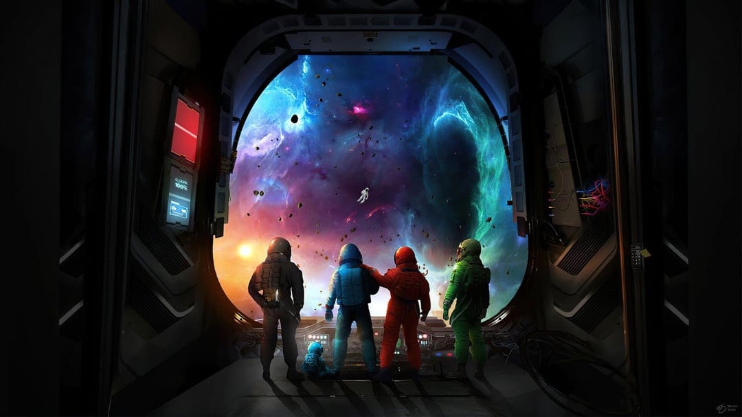 Four colorful astronauts stand before a large round window looking out at a vibrant purple and blue space nebula.