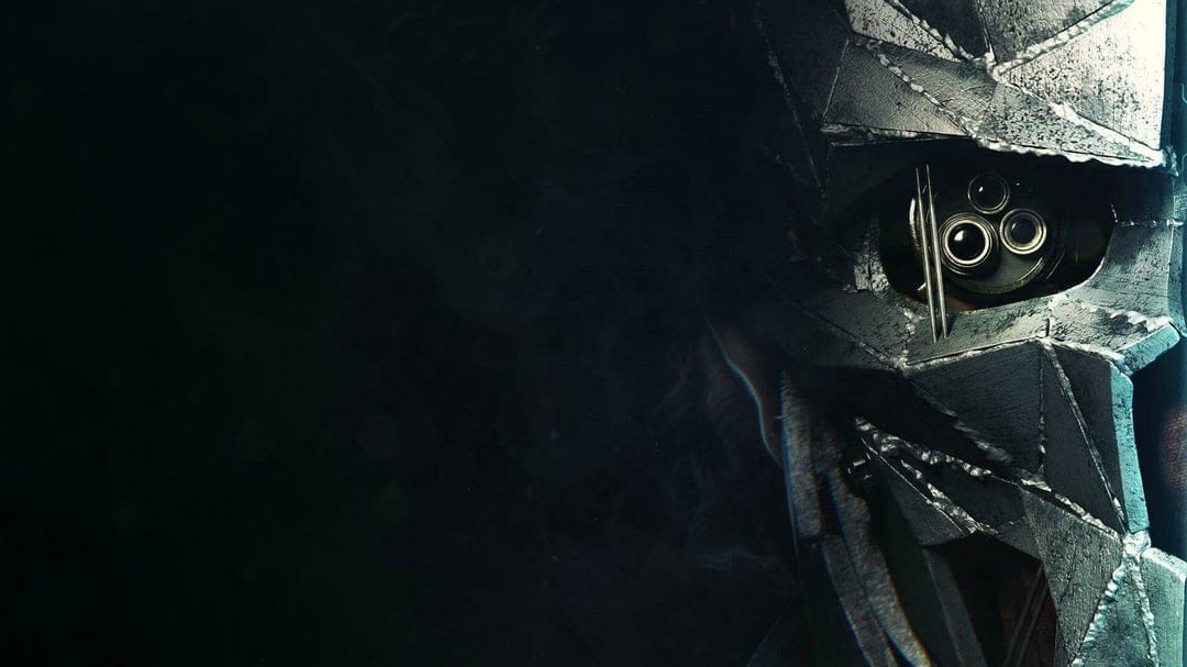 Weathered metallic mask with multiple optical lenses against a dark smoky background in a side profile view.