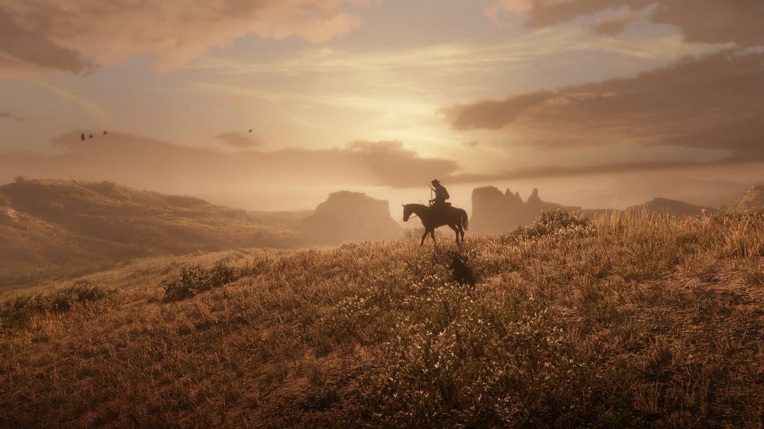 Silhouette of a cowboy riding a horse through a grassy field during a warm golden sunset with rock formations.