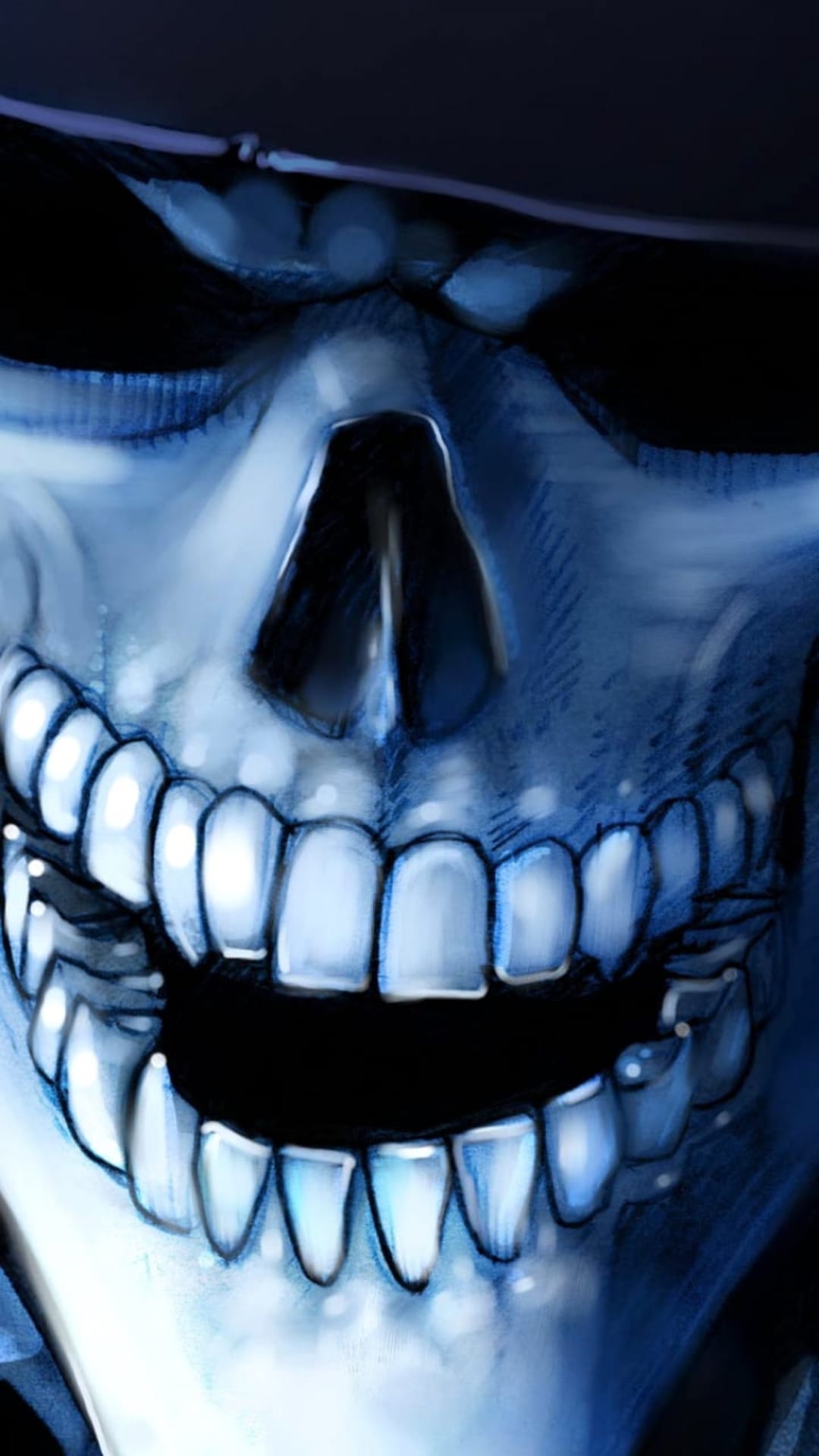 Stylized skull with a wide toothy grin glows in deep blue light against a dark, shadowy atmospheric background.