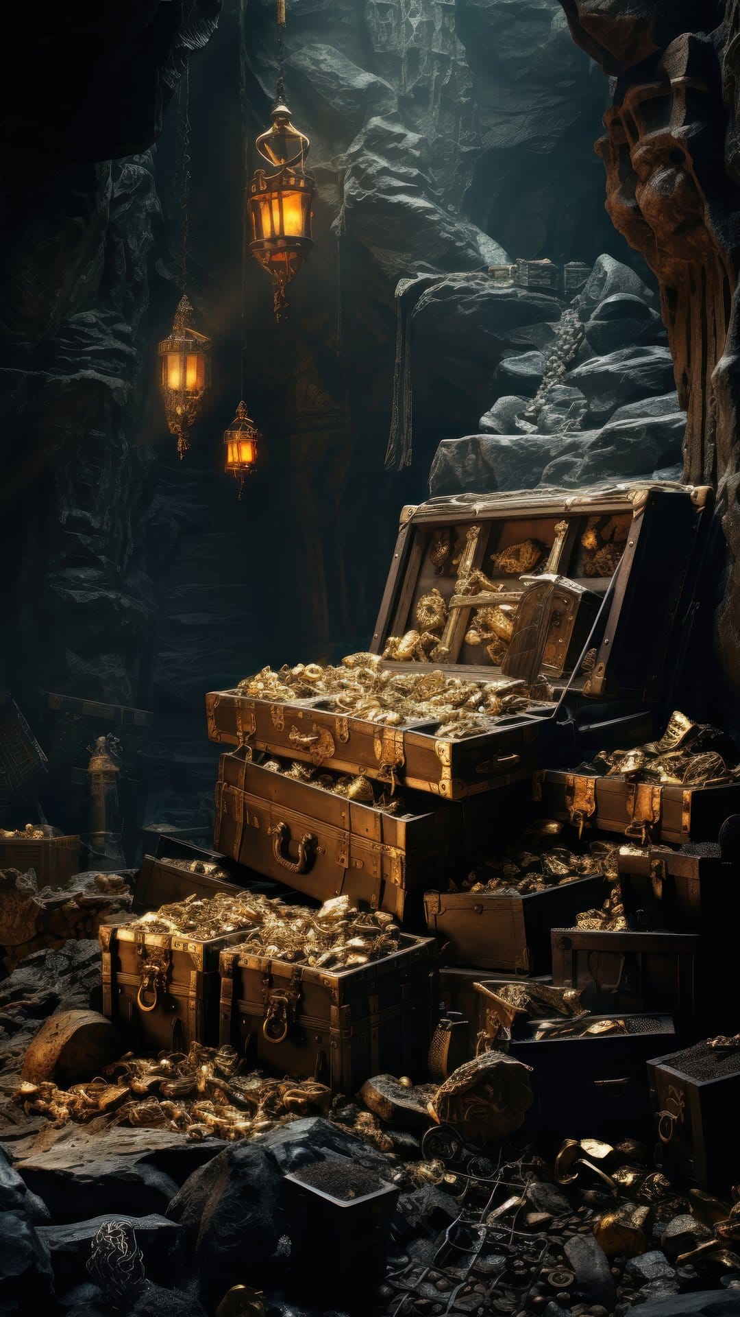 Overflowing treasure chests with gold coins and gems sit in a dark cave illuminated by hanging lanterns.