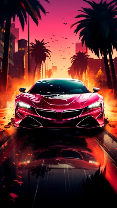 car,sports car,headlights,pink,palm trees,art