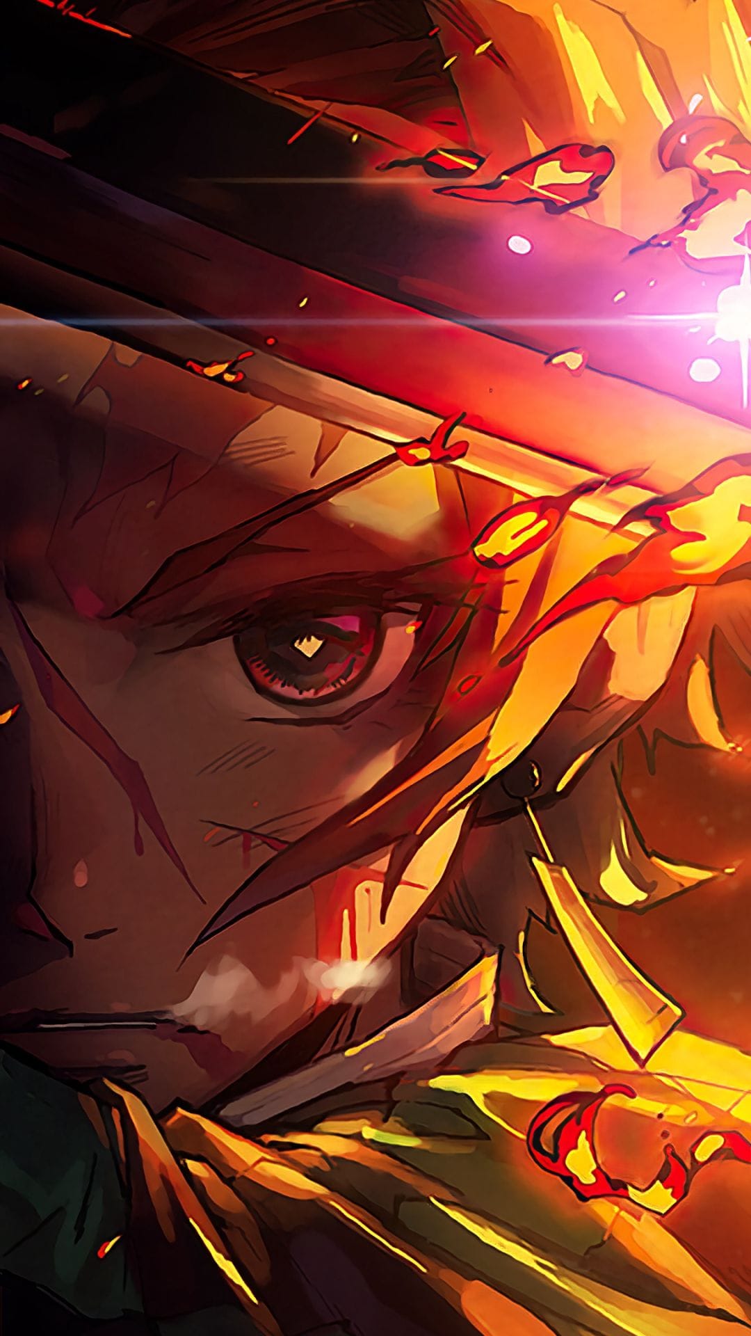 Piercing scarlet iris and furrowed brow glow amidst swirling orange embers and thick smoke in a facial close-up.