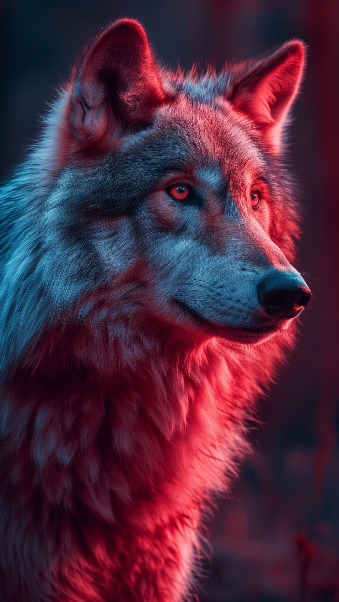 Wolf head close-up illuminated by contrasting red and blue neon light beams, showcasing detailed fur and amber eyes.