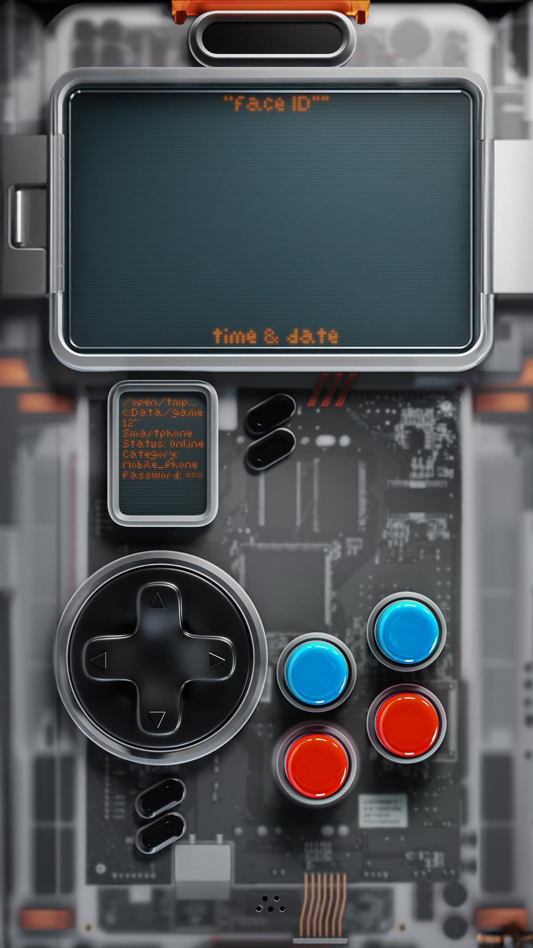 Game controller D-pad and colorful buttons on a circuit board with an orange Face ID display overlay.