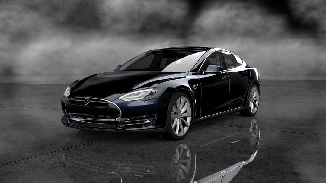 Black Tesla Model S sedan in a front three-quarter view positioned on a reflective floor with smoke backgrounds.