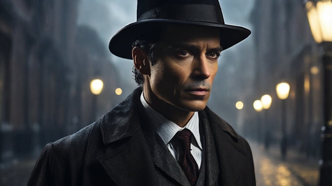 Man in a fedora and trench coat stands on a foggy city street at night with moody cinematic lighting.