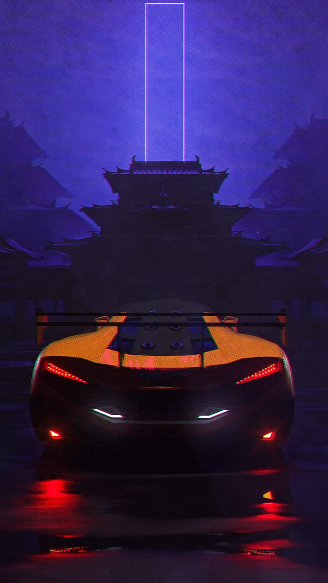 Sleek sports car with red taillights parked on a wet street facing a neon pagoda under a dark purple sky.