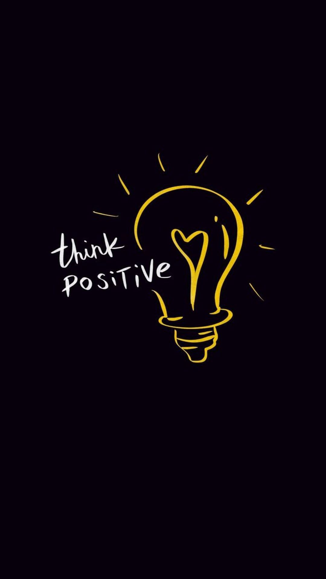 Yellow hand-drawn lightbulb with radiant beams next to white script text reading think positive on dark black.