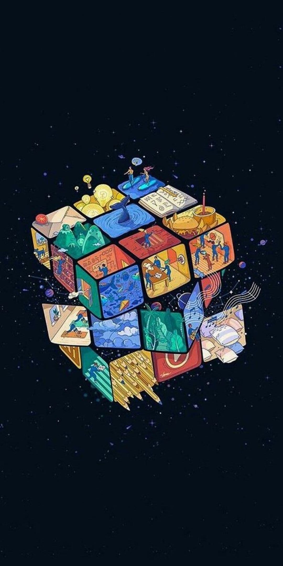 Rubik's cube fragments containing tiny landscapes float through a dark nebula with glowing stars and clouds.