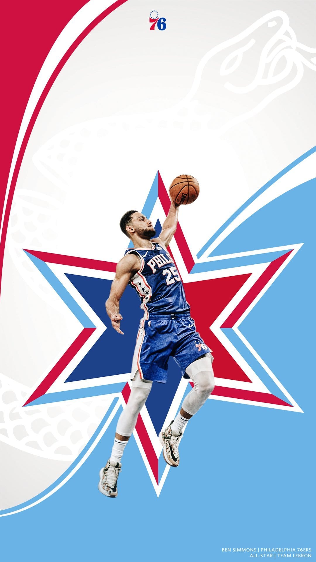 Ben Simmons jumps mid-air holding a basketball against a red, white, and blue star graphic in an All-Star jersey.