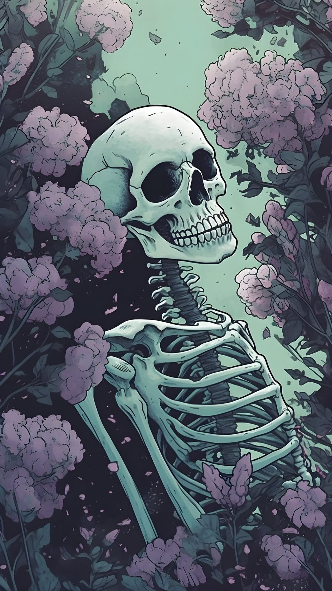 Human skeleton emerging from thick dark foliage and glowing purple flowers in a moody vertical composition.