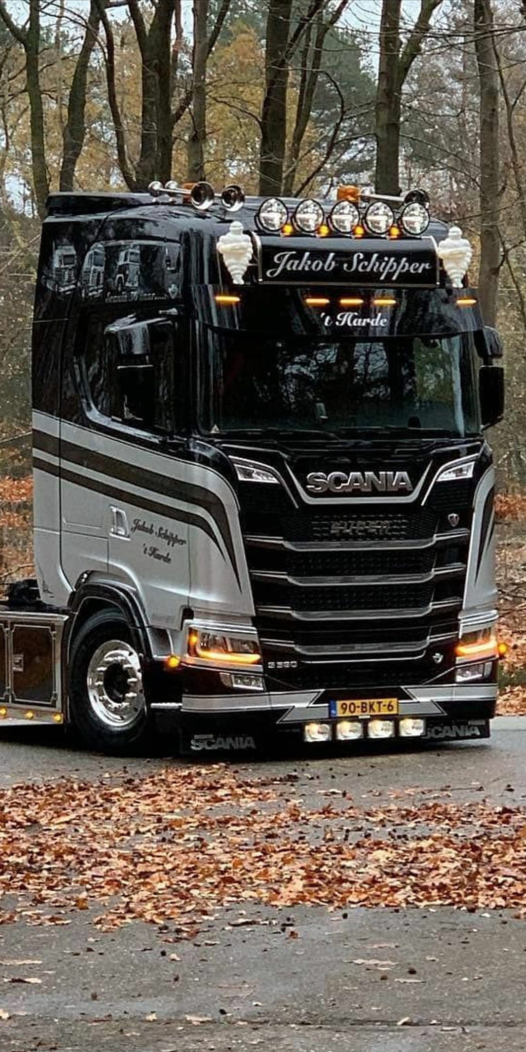Scania R 500 truck in black and silver parked on a road covered in orange autumn leaves under forest trees.