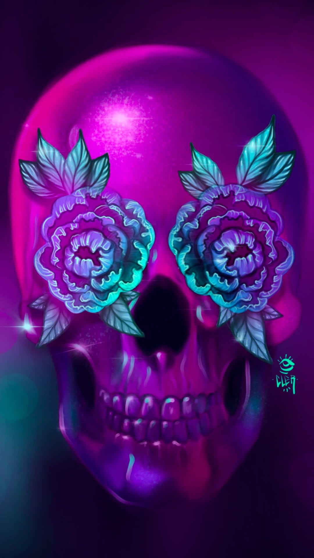 Magenta skull with neon blue flowers in its eyes glowing against a dark background in vertical orientation.