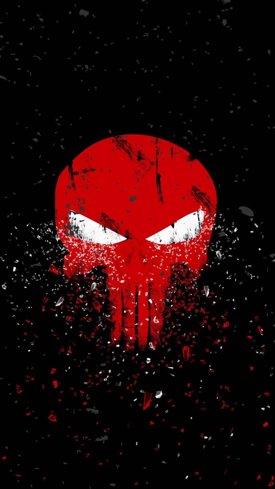 Red Punisher skull with white eyes and weathered texture centered on a solid black background for mobile screens.