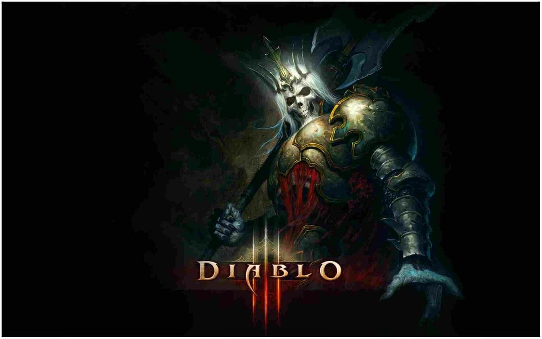 Skeleton King Leoric in ornate gold armor with glowing red ribs against a dark smoky background for Diablo 3.
