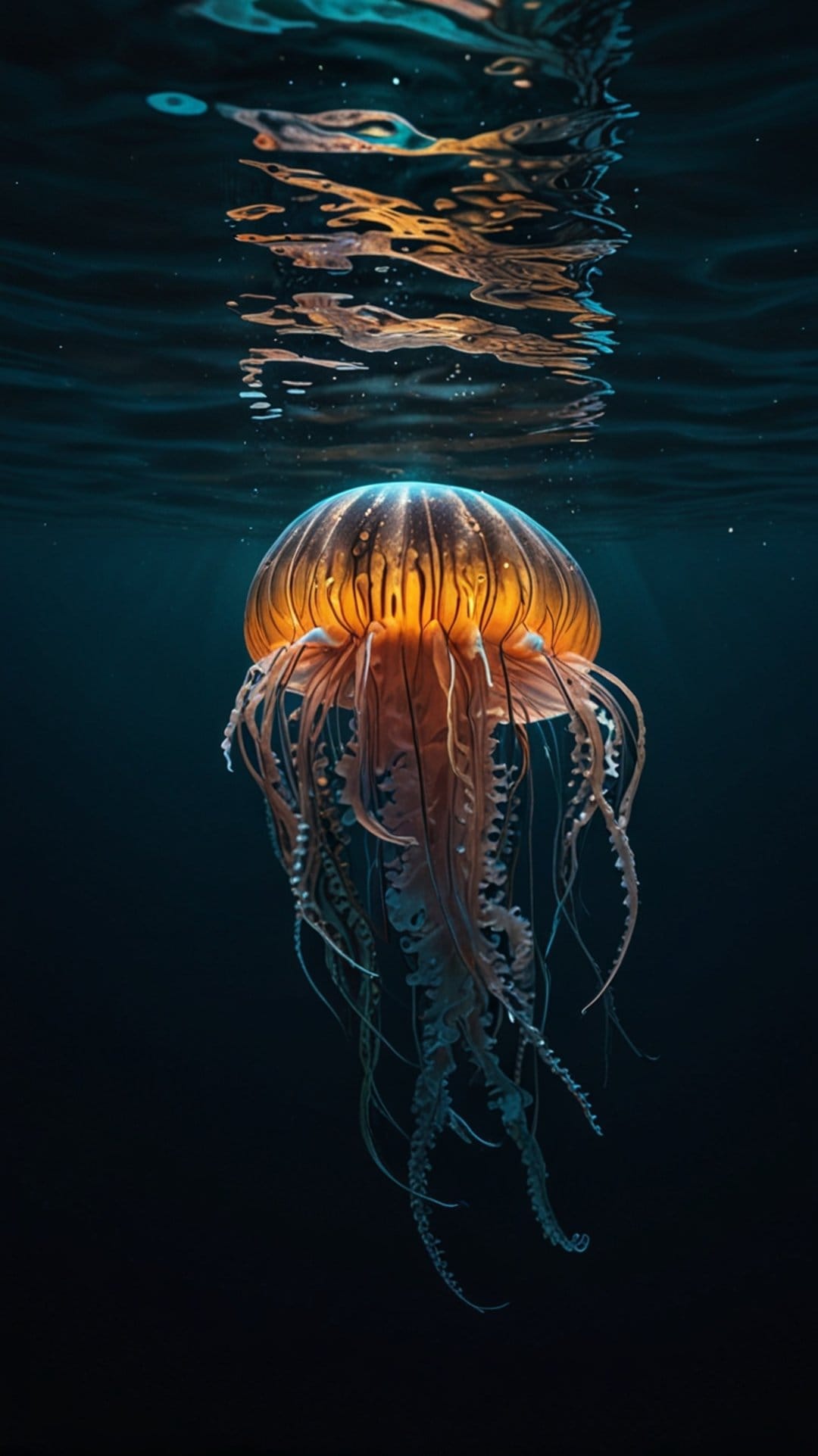 Orange jellyfish with glowing tentacles floating in dark blue water with light reflecting off the surface.