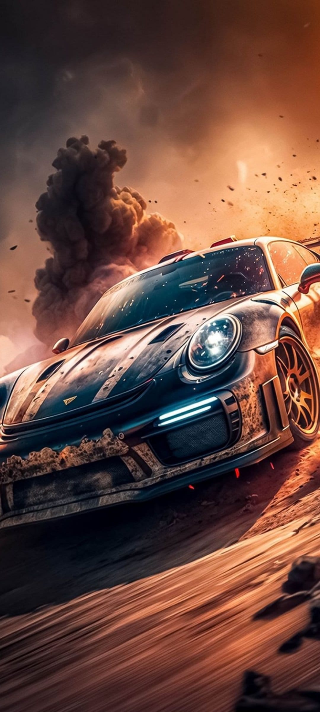 Porsche 911 rally car with glowing auxiliary lights racing through thick orange dust and flying dirt.