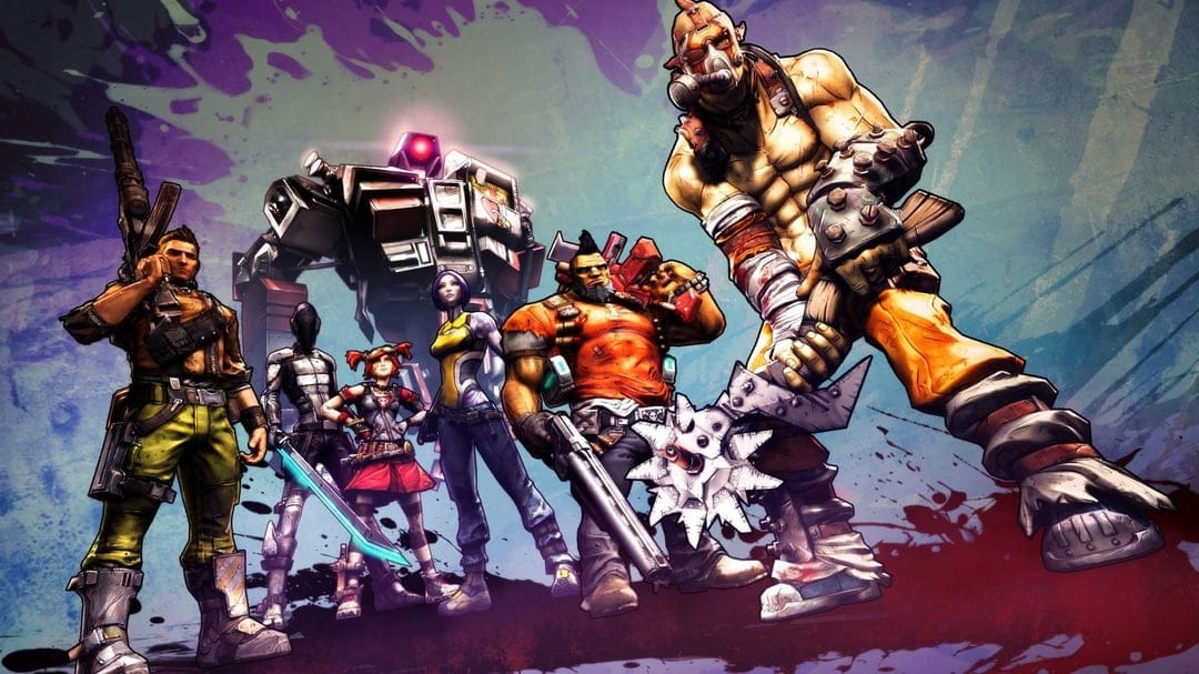Group of Borderlands 2 Vault Hunters standing in heroic poses against a purple paint-splatter backdrop.
