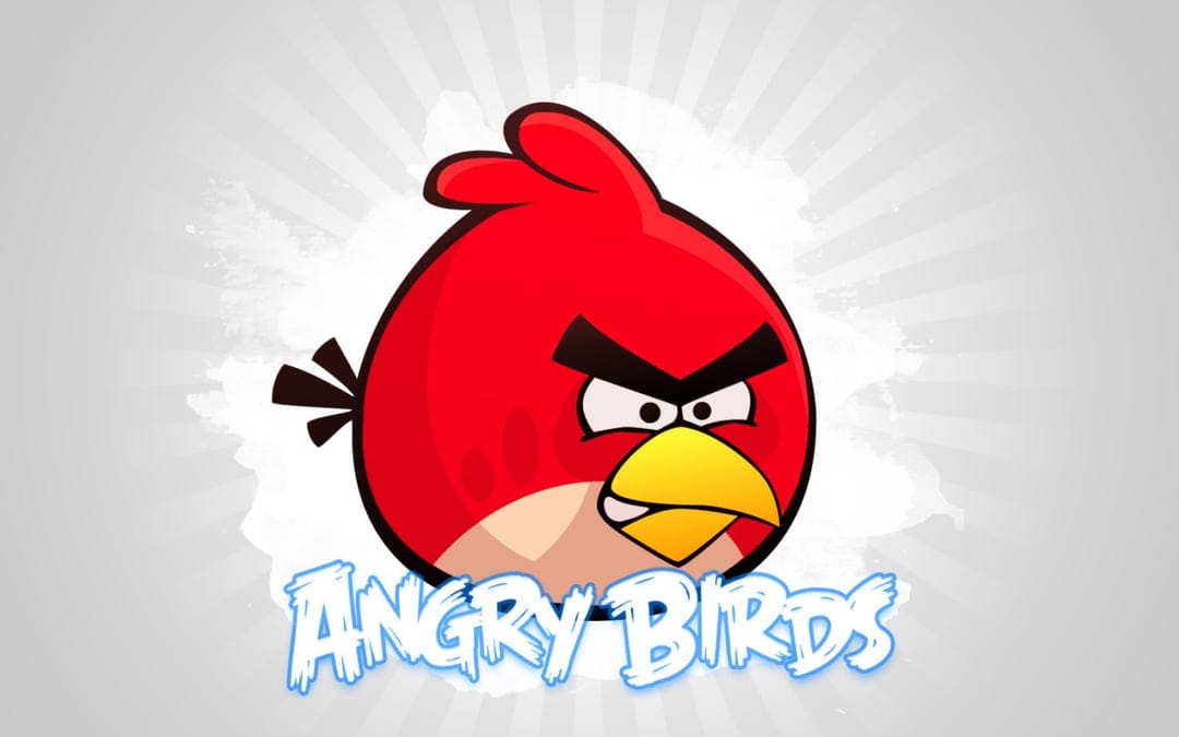 Red bird with thick black eyebrows and yellow beak centered on a gray radial burst background with text.