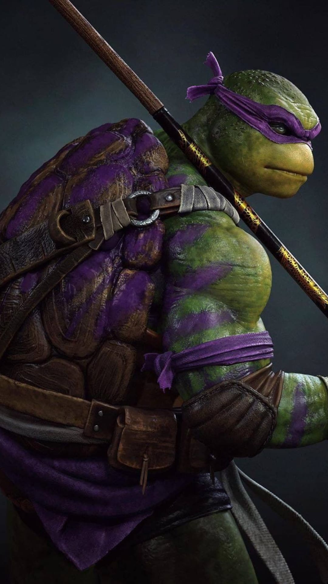 Donatello from TMNT wears a purple mask and holds a bo staff with realistic green skin texture and lighting.