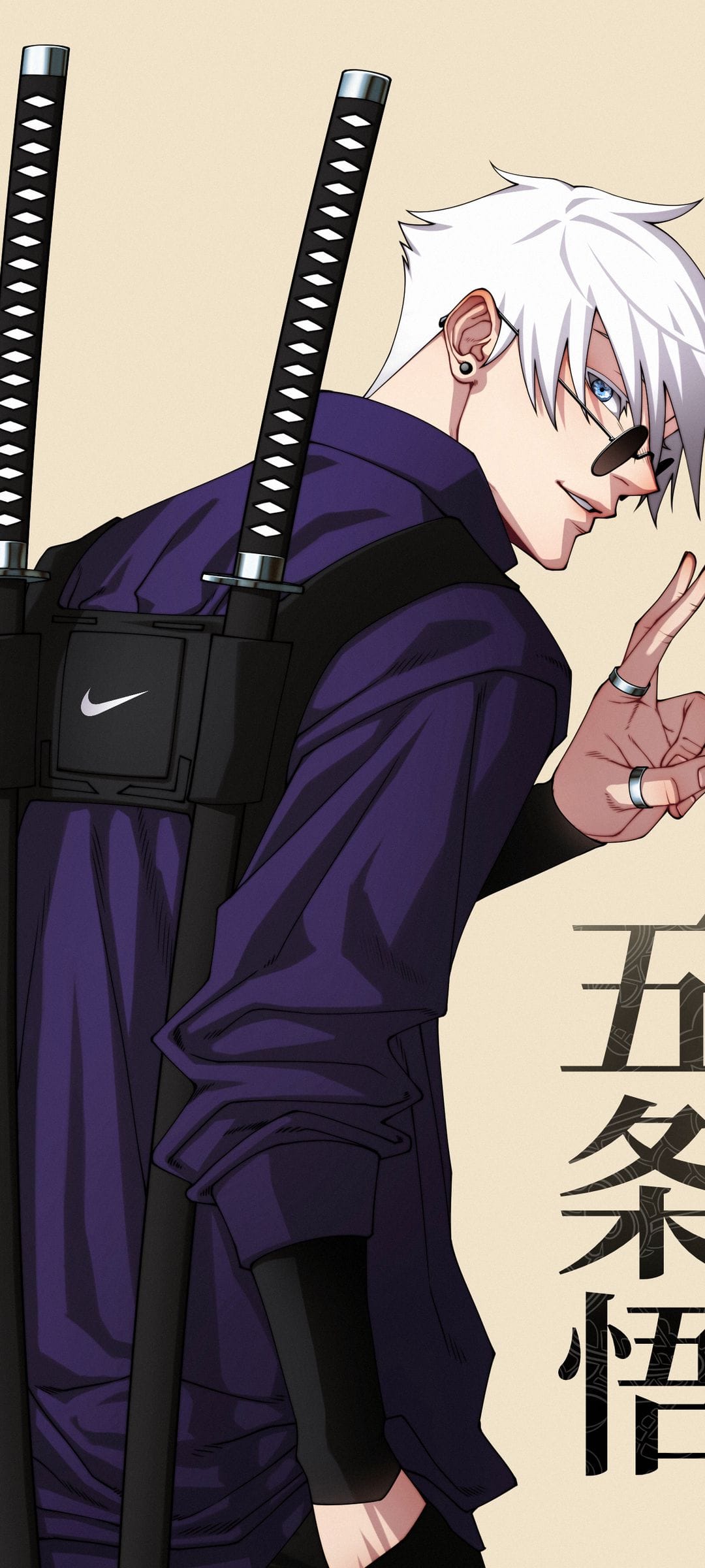 White-haired man in a purple Nike tactical vest holds up a peace sign with katanas strapped to his back.