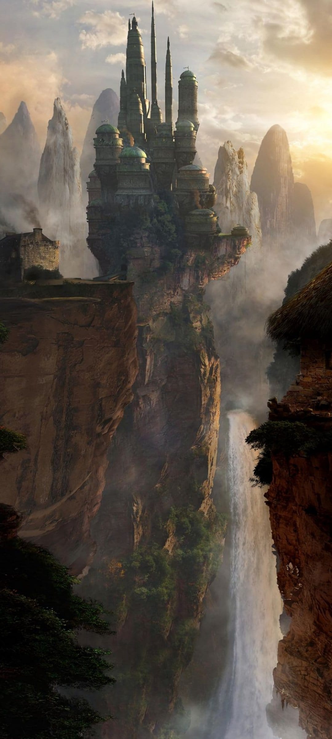 Spired castle atop a sheer cliff beside a massive waterfall during a vibrant golden hour sunset over mountains.