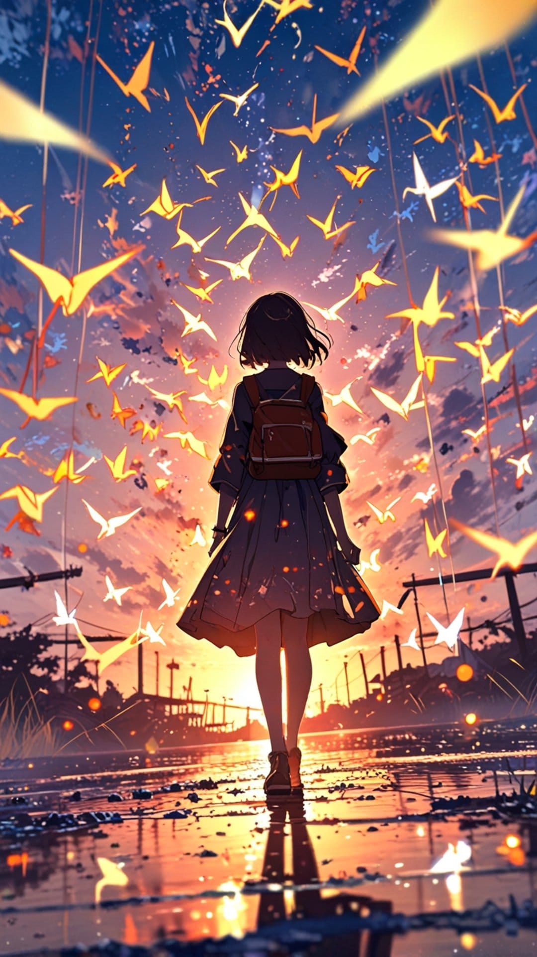 Girl with a backpack watches glowing origami cranes fly over a reflective wet road during a vibrant sunset.